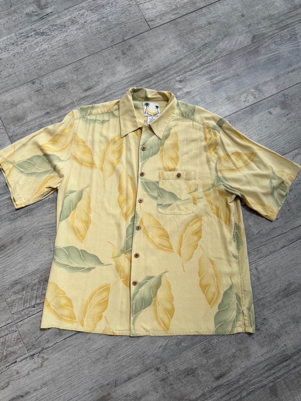 Banana Cabana Men's Summer 100% Silk Yellow Tropical Leaf Button-Up Shirt